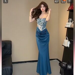 Blue Satin Drape Front Mermaid Skirt